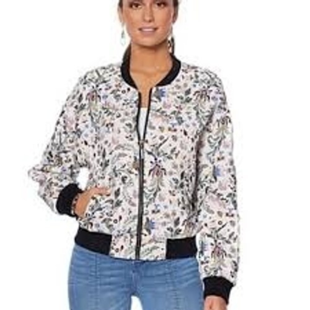 Eva Longoria‎ Bomber Jacket XS Floral Jacquard White Boho Chic Zip Front Coat